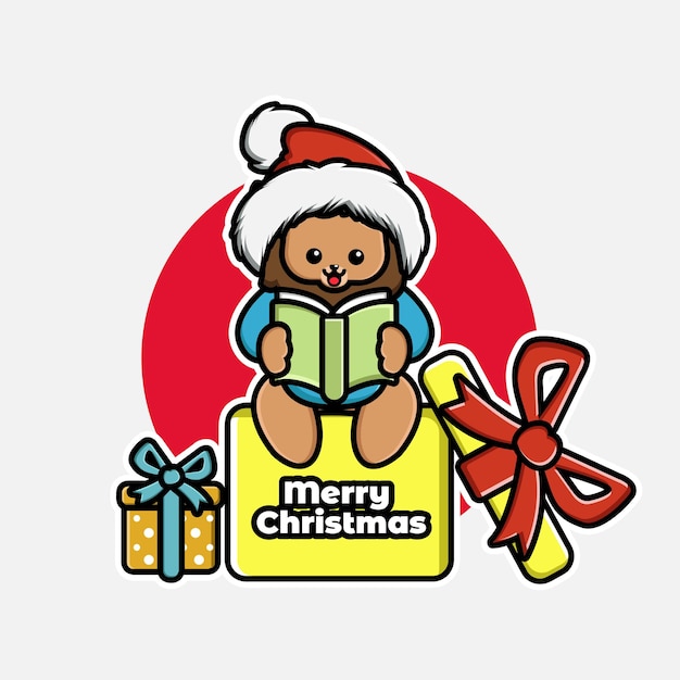 ギフトボックスで本を読んでかわいい漫画のクリスマスのライオンのイラスト