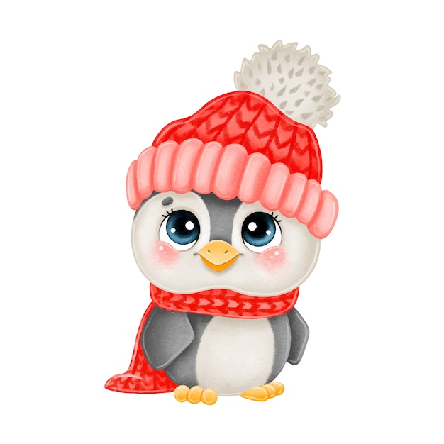 赤い帽子と白い背景で隔離のスカーフでかわいい漫画のクリスマスペンギンのイラスト