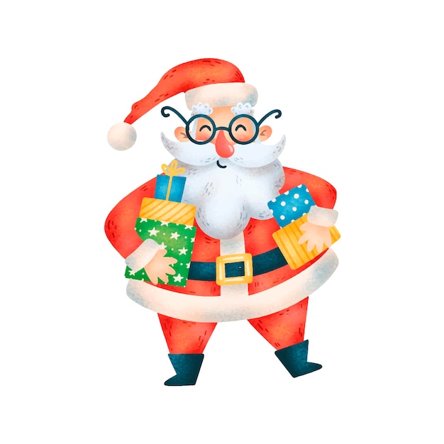 Illustration of cute cartoon christmas Santa Claus with gifts isolated on white background