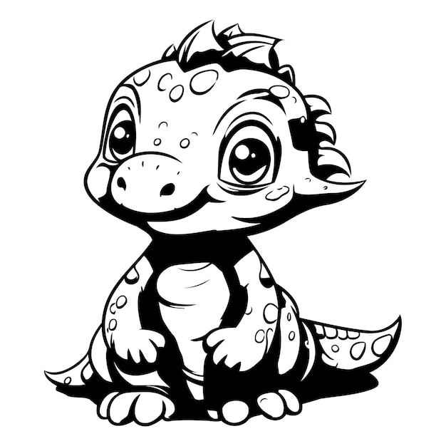 Illustration of Cute Cartoon Dinosaur Black and White Cartoon Style