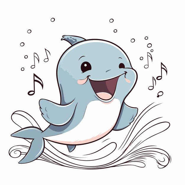 Vector illustration of a cute cartoon dolphin listening to the music