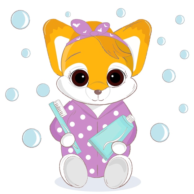 Illustration of cute cartoon fox with toothbrush and toothpastex9