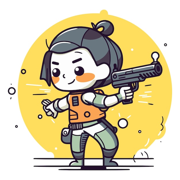 Vector illustration of a cute cartoon girl with a gun on a white background