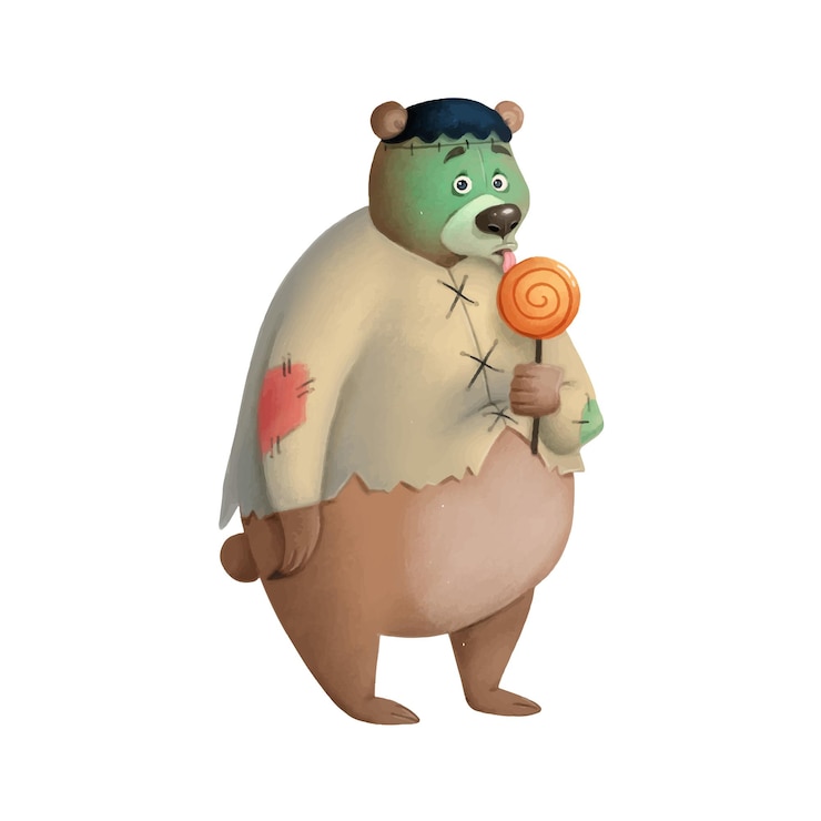 Vector illustration of a cute cartoon halloween bear wearing a frankenstein costume halloween animals
