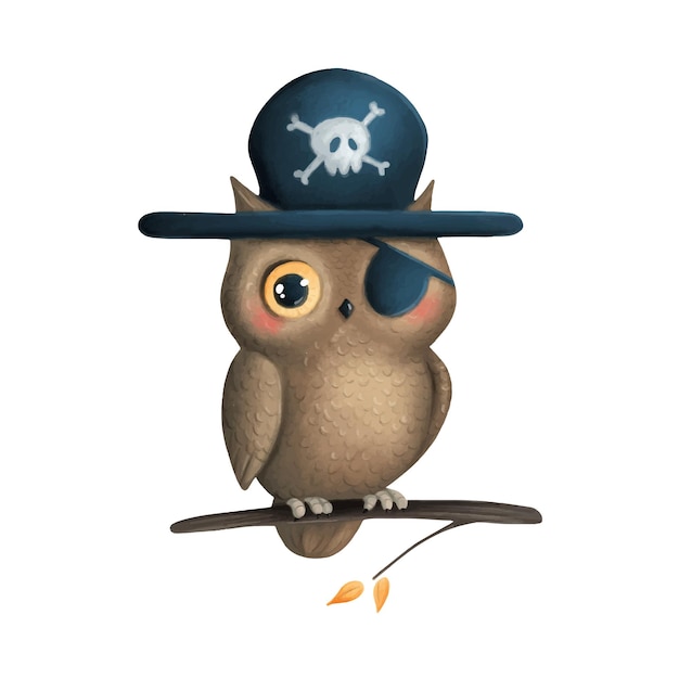 Illustration of a cute cartoon halloween owl in a pirate costume. halloween animals. halloween kids.