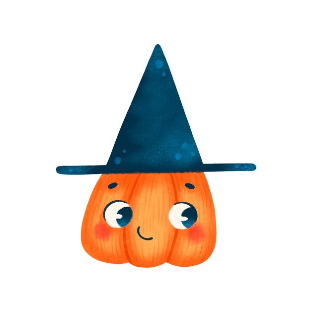 Vector illustration of cute cartoon halloween pumpkin with face witch hat isolated on white background