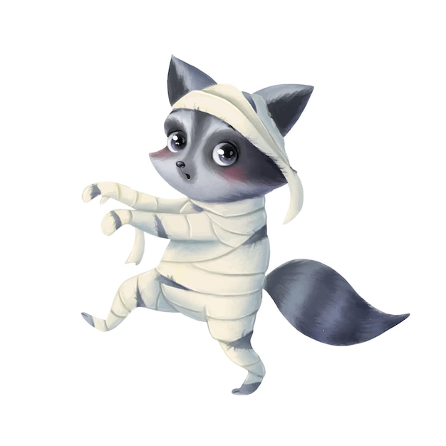 Illustration of a cute cartoon halloween raccoon wearing a mummy costume halloween animals