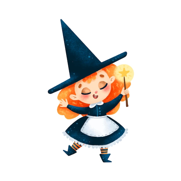 Illustrazione della strega di halloween del fumetto sveglio con la bacchetta magica isolata su fondo bianco