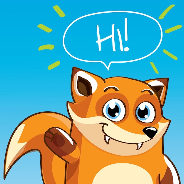 illustration of cute cartoon hapy fun fox. hi, greeting card