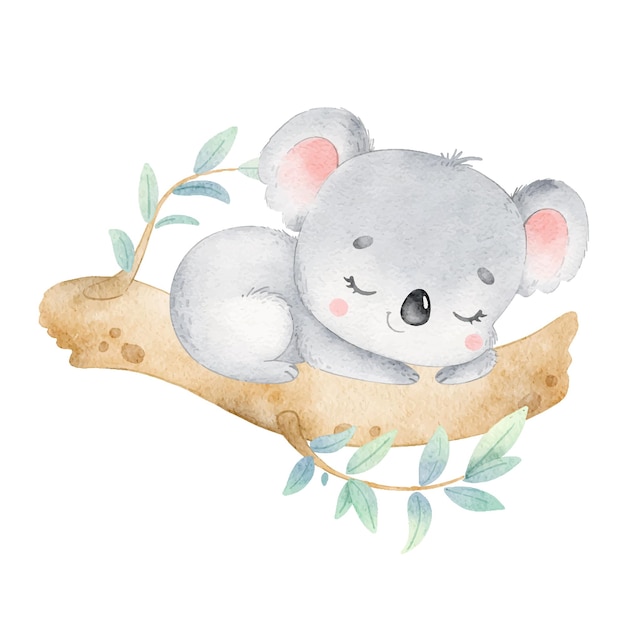 Illustration of cute cartoon koala sleeping Little cute watercolor animals