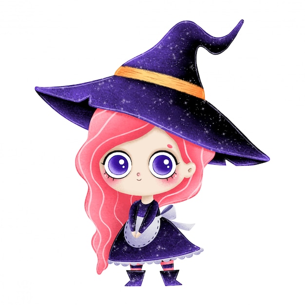 Illustration of cute cartoon little witch with pink hair