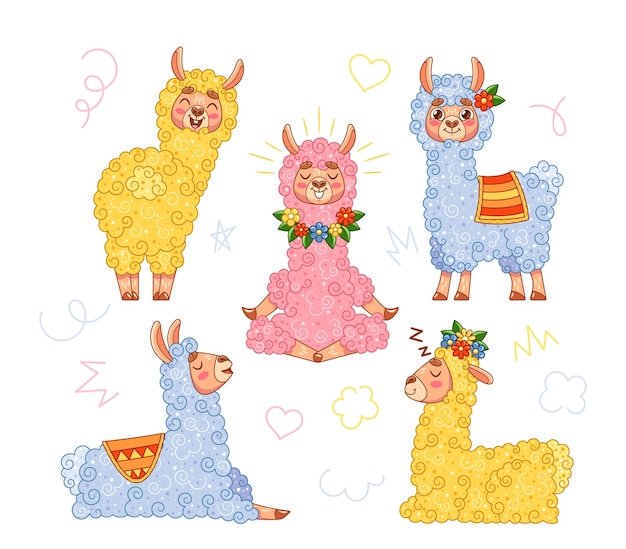 illustration of cute cartoon llamas with colorful decorative elements vector llamas with flowers