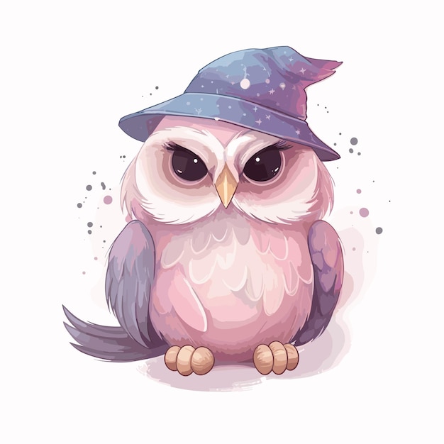 Illustration of cute cartoon magic brown owl with wizard hat fantasy animal