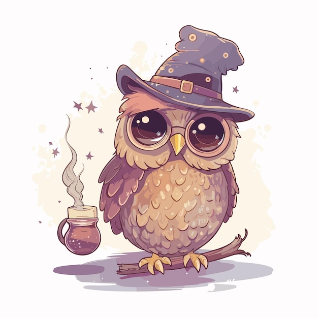 Vector illustration of cute cartoon magic brown owl with wizard hat isolated on white background
