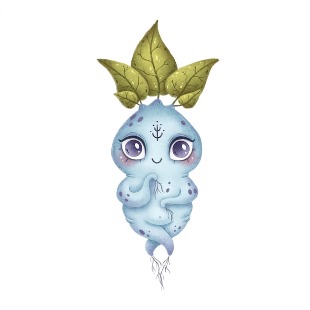 Illustration of a cute cartoon magical forest mandrake root. blue fairytale monster with leaves, precious stones and folk ornament on a white background