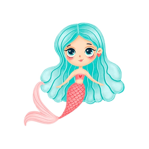 Illustration of cute cartoon mermaid with green hair isolated on white background