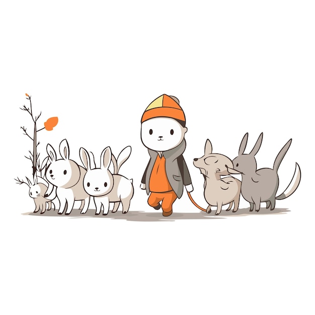 Vector illustration of a cute cartoon rabbit with a man in a orange uniform