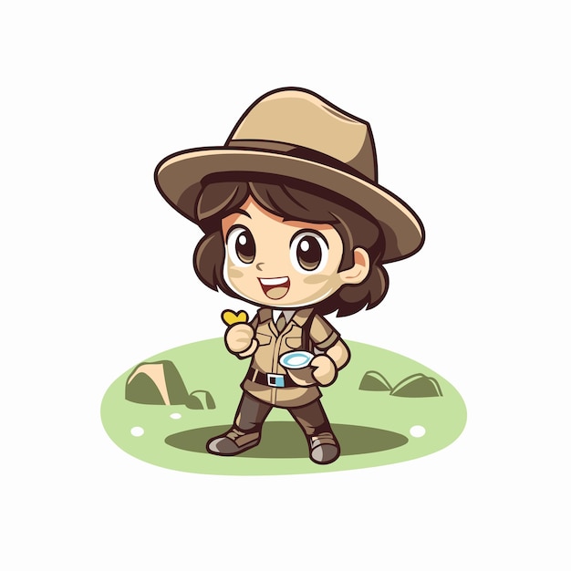 Illustration of a Cute Cartoon Safari Girl with a Magnifying Glass