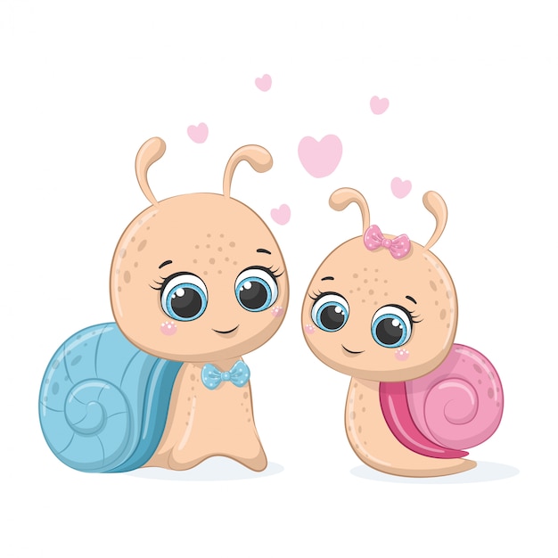 Illustration of cute cartoon snail. boy and girl.