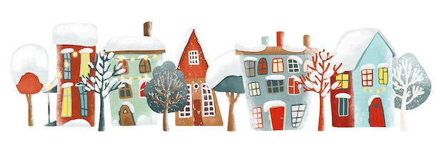 Vector illustration of cute cartoon snowy winter houses and trees, christmas clipart