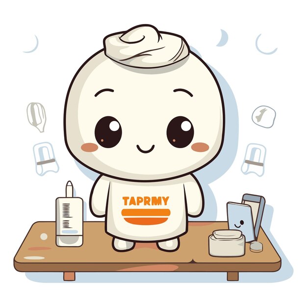Vector illustration of a cute cartoon tofu character posing on a desk