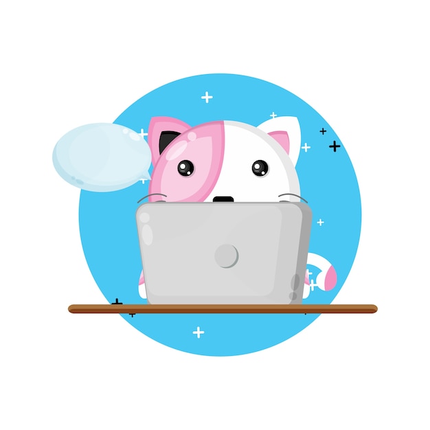 Vector illustration of cute cat mascot using laptop