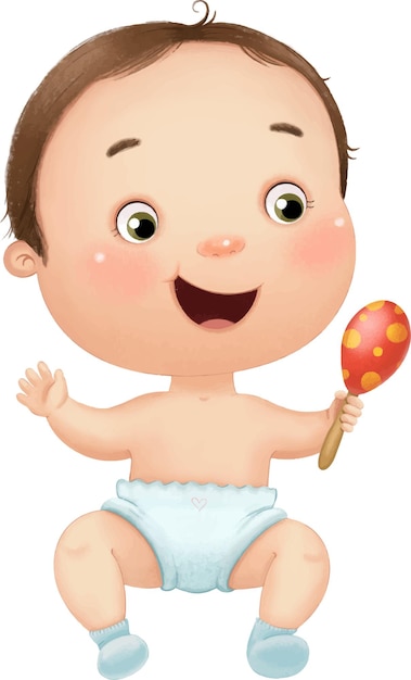 Vector illustration of a cute cheerful little toddler boy lies in a diaper laughing and holding a maraca.