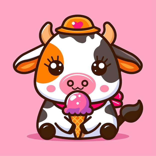 Illustration of a cute cow holding ice cream with a flat vector concept