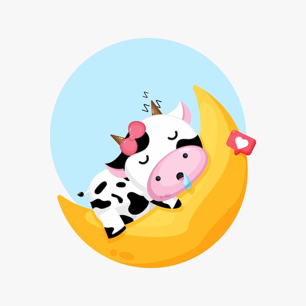 Vector illustration of cute cow sleeping on the crescent moon