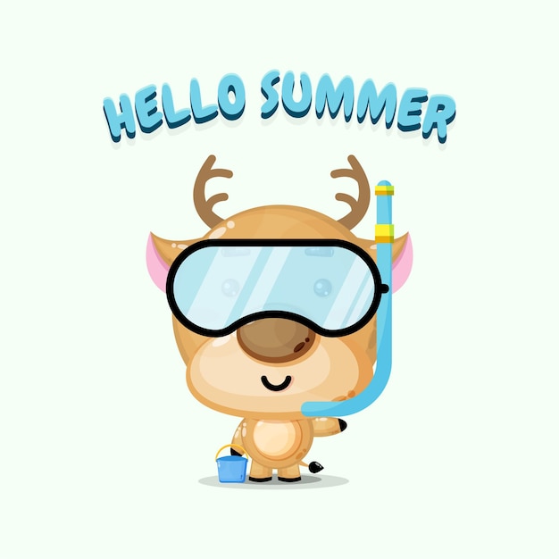 illustration of cute deer mascot wearing diving gear with summer greeting