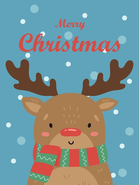 Illustration of a cute deer with a red nose in a striped scarf Vector Christmas card