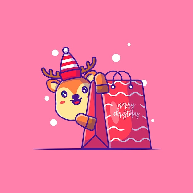 ショッピングバッグとかわいい鹿のイラスト。メリークリスマス