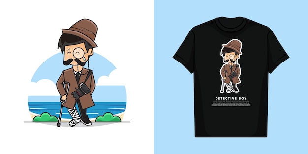 Illustrazione di carino detective ragazzo con un gesto di frattura gamba e t-shirt design