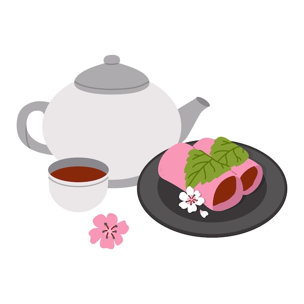 illustration of cute  doodle asian food  sakura mochi and tea