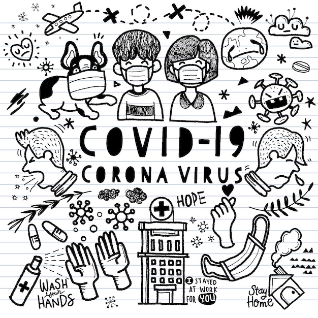 Illustrazione di doodle carino per virus corona covid-19, illustrazione disegnata a mano