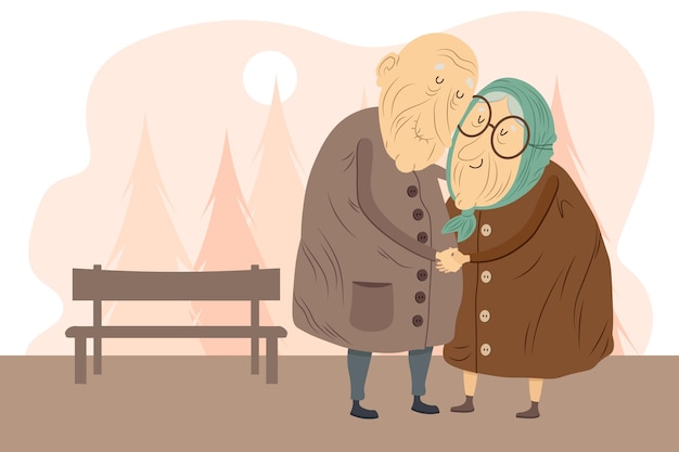 Illustration cute elderly couple in love grandfather and grandmother on a date in the park