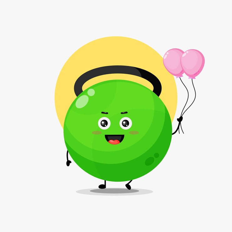 Vector illustration of cute fitness kettlebell character carrying balloon