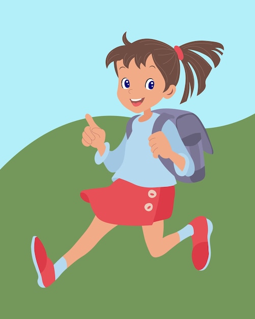 Illustrazione carino ragazza divertente con una borsa di scuola corre a scuola ragazza in una gonna e scarpe da ginnastica