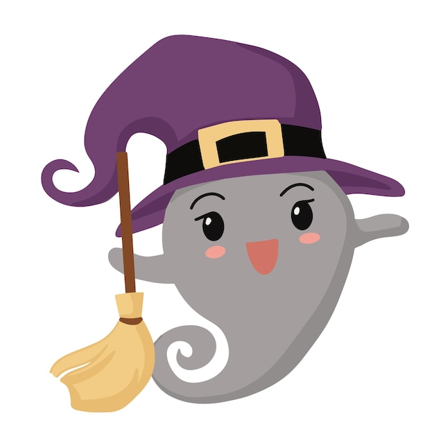 Illustration cute ghost halloween wearing witch hat and holding witch broom