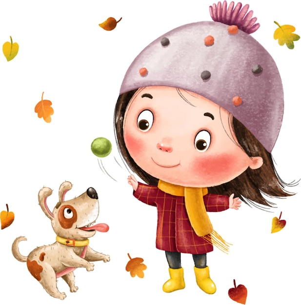 Vector illustration cute girl in hat throwing a ball of a cheerful dog