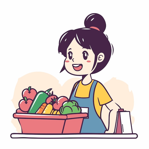 Illustration of a Cute Girl Holding a Basket of Vegetables