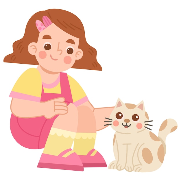 Illustration of Cute Girl Playing with Cat