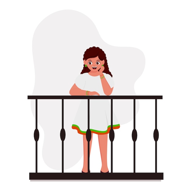 Illustration of cute girl standing at balcony on white background