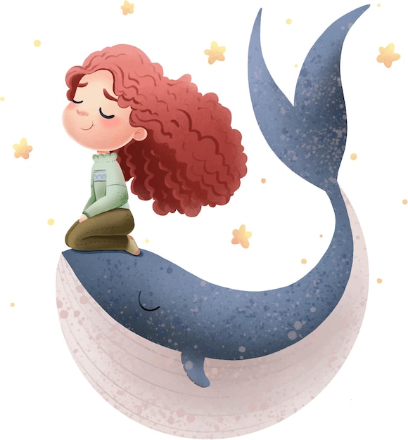 Illustration of a cute girl with lush hair sits on a whale among the stars.