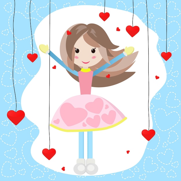 Illustration of cute girl with many red hearts