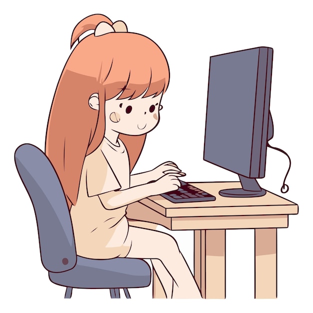 オフィスでコンピューターで働く可愛い女の子のイラスト