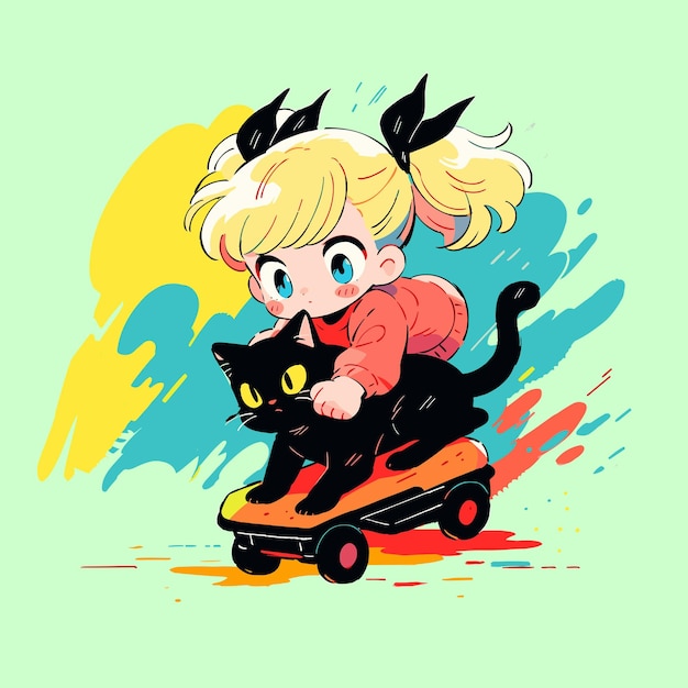 Illustration of cute girls and cartoon black cats