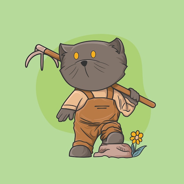 Illustration of cute gray cat with fork ready to farm on green background