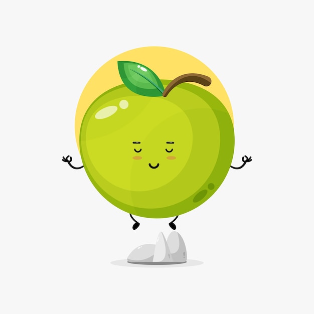 Illustration of cute green apple character meditating