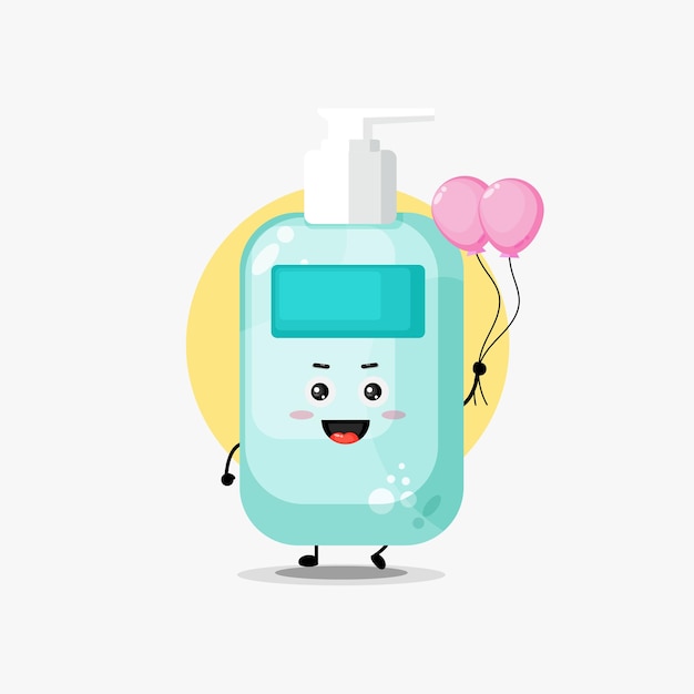 Illustration of cute hand sanitiser character carrying balloon